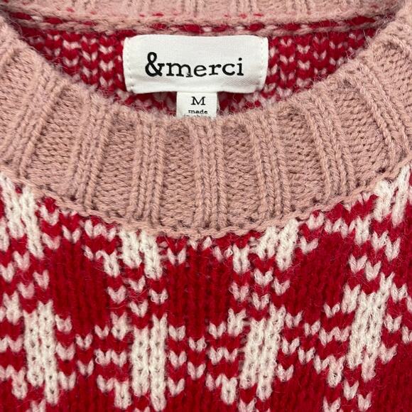 & Merci Pullover Crewneck Sweater Red White Pink Houndstooth Print Womens Medium - Picture 4 of 5